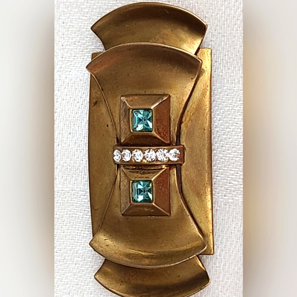 Antique Brass Brooch Set With Aquamarine and AB Rhinestones - Picture 5 of 7